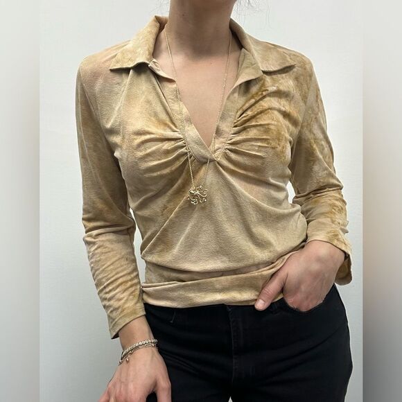 Vintage Y2K 90s Ruched Collared Polo Beige Tie Dye Long Sleeve Top Size M - Picture 3 of 8
